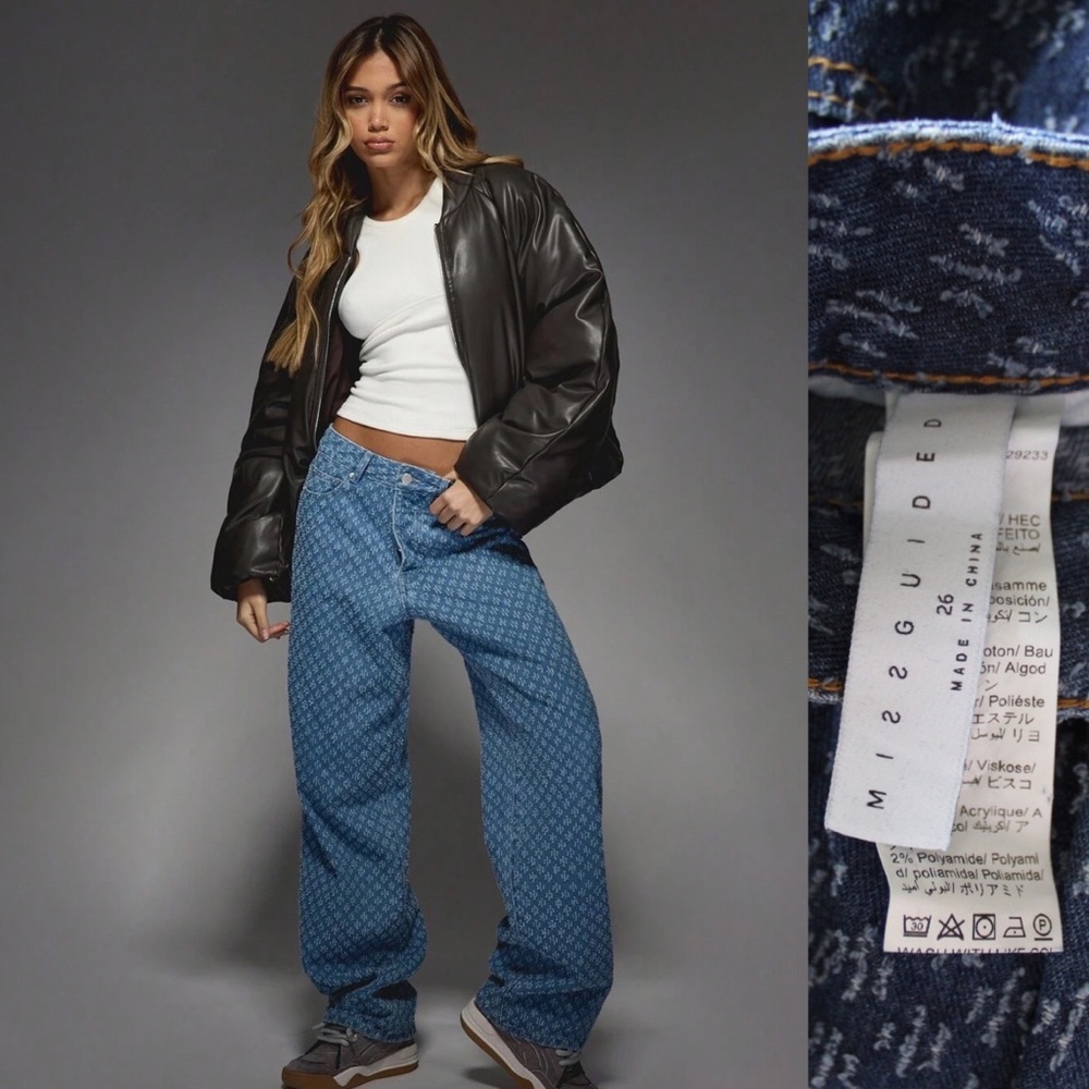 Missguided Wide Leg Monogram Print Denim Jeans With Classic Design 26 2 Preowned